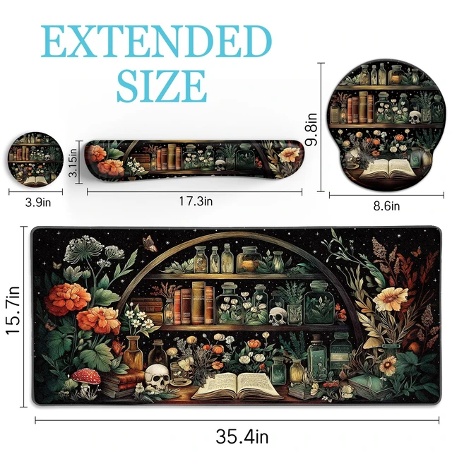 Alt view image 6 of 7 - LIMKRIAN Goth Skull Mouse Pad Set Large Desk Mat for Desktop Decor | Ergonomic Mouse Pad with Wrist Rest for Gaming, Keyboard Mat Wrist Support, Coaster, Gothic Office Desk Accessories Supplies