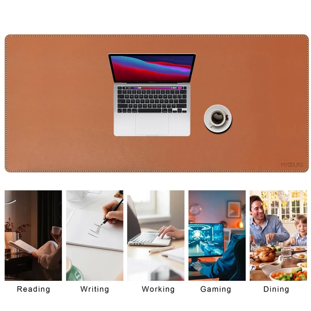 Alt view image 6 of 6 - Mydours 48" x 20" XL Large Desk Mat - PU Leather Full Desk Mouse Pad, Brown | Extended PU Leather Surfaces Desk Pad for Home Office - Gaming Mouse Pad for Keyboard Laptop Computer