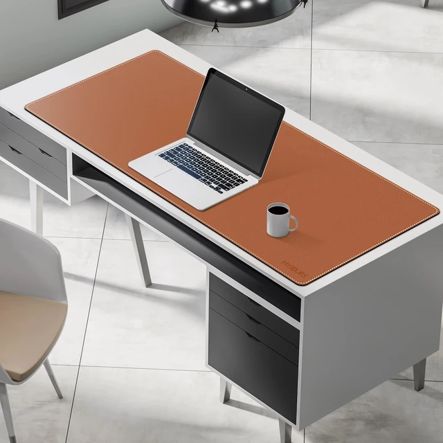 Alt view image 4 of 6 - Mydours 48" x 20" XL Large Desk Mat - PU Leather Full Desk Mouse Pad, Brown | Extended PU Leather Surfaces Desk Pad for Home Office - Gaming Mouse Pad for Keyboard Laptop Computer