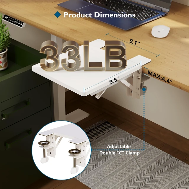 Alt view image 2 of 7 - BONTEC Ergonomic Desk Extender Tray, 9.5"x9.1" Table Mount Arm Wrist Rest Shelf, 90° Foldable Elbow Support, Clamp on Computer Arm Rest for Desk, Office & Home Use, Durable & Easy to Install