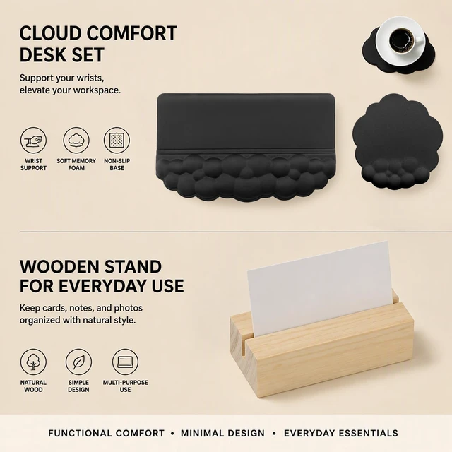 Alt view image 3 of 7 - Workspace Essentials Bundle - Keyboard Wrist Support - Wood Card Rack | Comfort Palm Cushion - Natural Display Rack - Ideal For Office Use