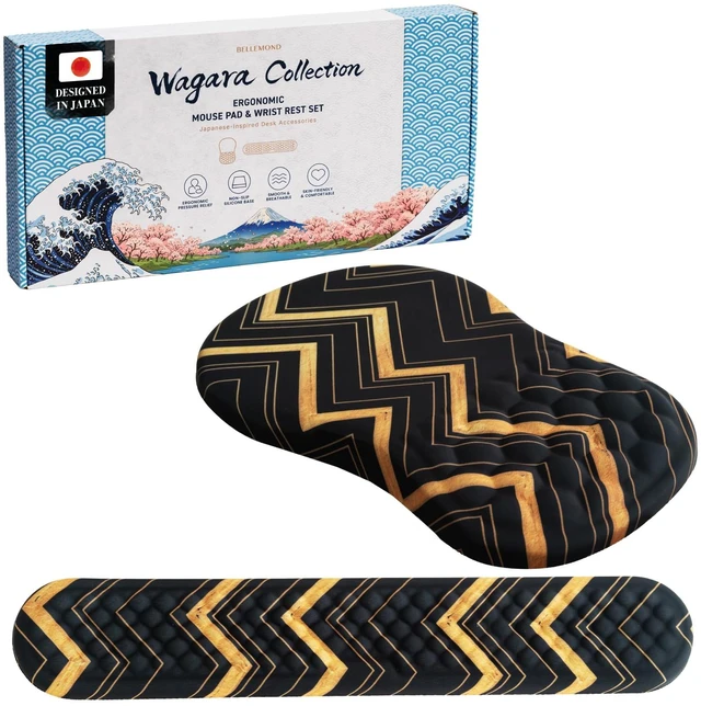 Main image of Japanese Mouse Pad with Wrist Rest | Ergonomic Memory Foam, Large | Ergonomic mouse pad with wrist rest featuring a smooth Lycra surface, memory foam cushioning, and a non-slip silicone base.