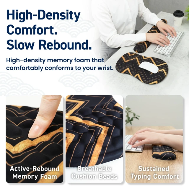 Alt view image 6 of 7 - Japanese Mouse Pad with Wrist Rest | Ergonomic Memory Foam, Large | Ergonomic mouse pad with wrist rest featuring a smooth Lycra surface, memory foam cushioning, and a non-slip silicone base.