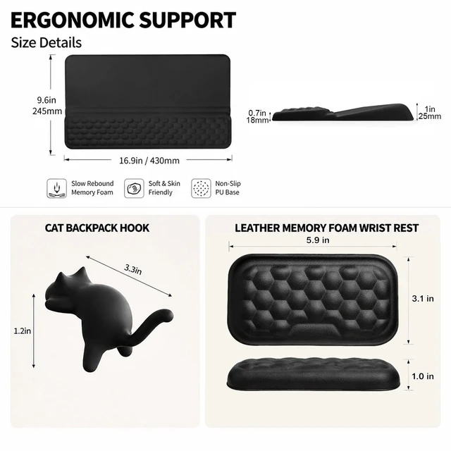 Alt view image 2 of 7 - Ergonomic Keyboard Wrist Rest, Cute Cat Bag Hook, Leather Wrist Rest Pad | Office Desk Accessories and Cat Lover Gifts, Ergonomic Wrist Rest and Bag Hook for Home Office and Work