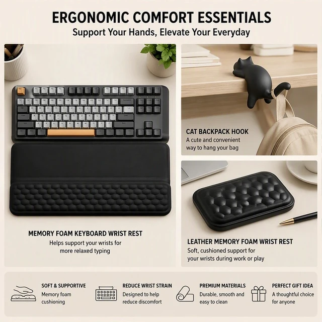 Alt view image 3 of 7 - Ergonomic Keyboard Wrist Rest, Cute Cat Bag Hook, Leather Wrist Rest Pad | Office Desk Accessories and Cat Lover Gifts, Ergonomic Wrist Rest and Bag Hook for Home Office and Work