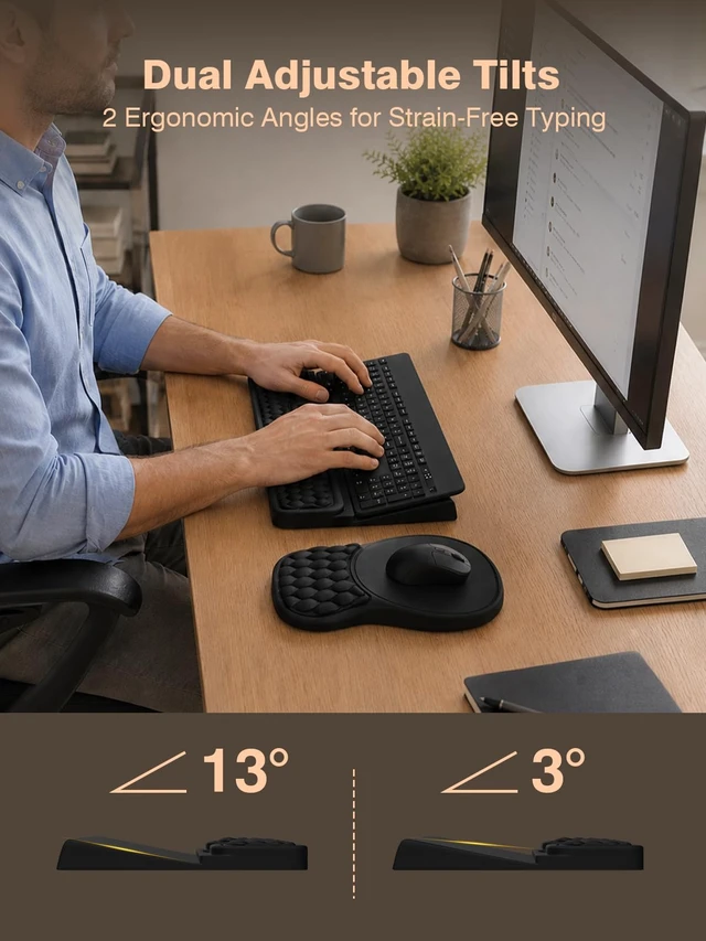 Alt view image 4 of 7 - Aszqvd Ergonomic Keyboard and Mouse Pad Combo with Stand/Wrist Rest, Black | Keyboard Riser Mousepad for Desk with Soft Memory Foam, Comfy Massage, Non-slip PU Base,Carpal Tunnel Pain Relief