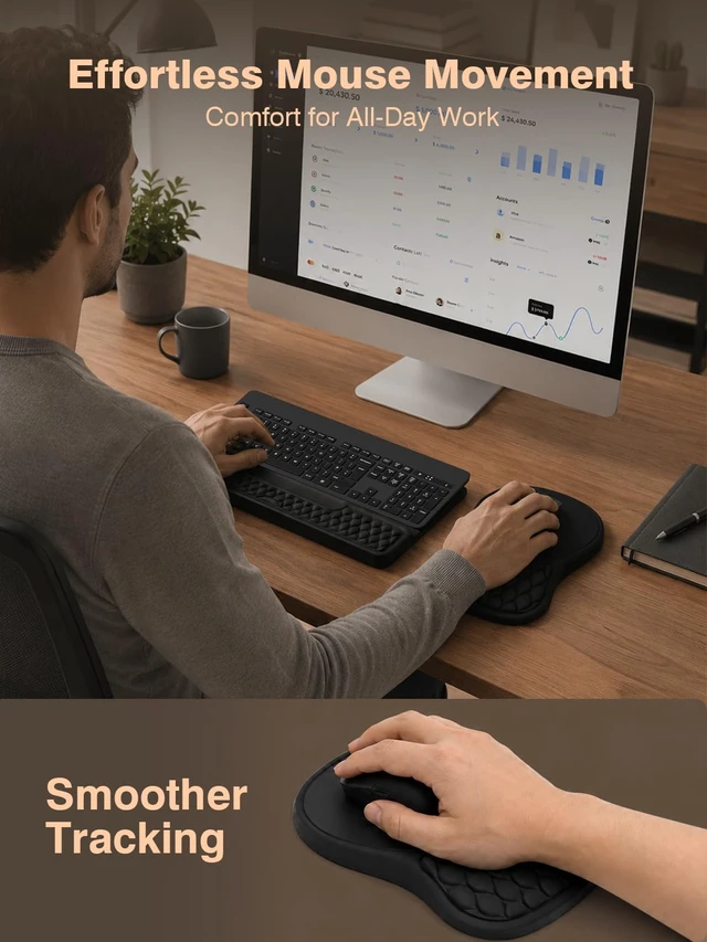 Alt view image 5 of 7 - Aszqvd Ergonomic Keyboard and Mouse Pad Combo with Stand/Wrist Rest, Black | Keyboard Riser Mousepad for Desk with Soft Memory Foam, Comfy Massage, Non-slip PU Base,Carpal Tunnel Pain Relief