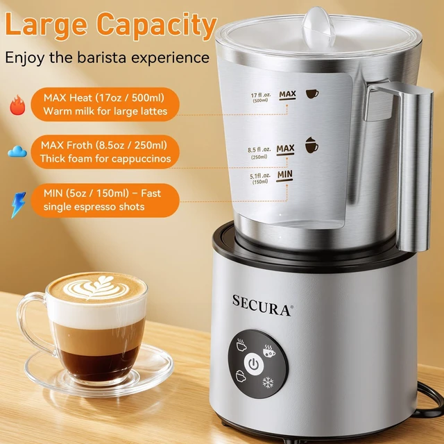 Alt view image 2 of 5 - Secura 4-in-1 Electric Milk Frother, 17oz Stainless Steel Jug, Teflon-Free | Milk Steamer, Hot Chocolate Maker, Dishwasher Safe, One Touch Control, Overheat Protection, Includes Spatula & 2 Whisks