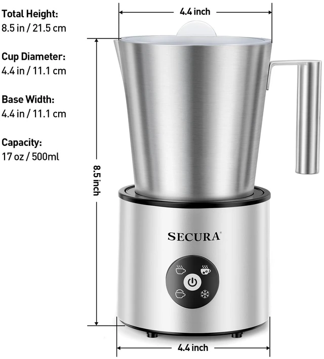 Alt view image 5 of 5 - Secura 4-in-1 Electric Milk Frother, 17oz Stainless Steel Jug, Teflon-Free | Milk Steamer, Hot Chocolate Maker, Dishwasher Safe, One Touch Control, Overheat Protection, Includes Spatula & 2 Whisks
