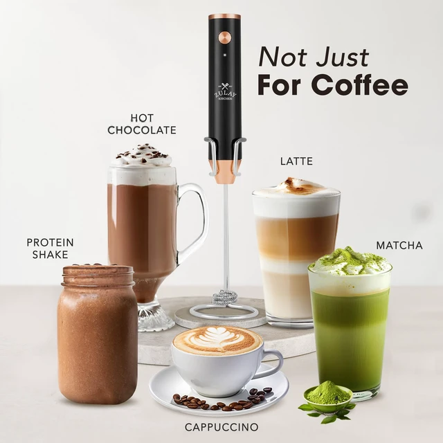 Alt view image 3 of 7 - Zulay Kitchen Rechargeable Milk Frother Handheld - Frother Wand, Drink Mixer, Electric Whisk Frother, for Cappuccinos, Matcha & Protein Powder - Lux 4 Whisk 2 Speed Waterproof 2000mAh Black Copper