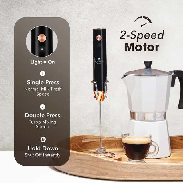 Alt view image 4 of 7 - Zulay Kitchen Rechargeable Milk Frother Handheld - Frother Wand, Drink Mixer, Electric Whisk Frother, for Cappuccinos, Matcha & Protein Powder - Lux 4 Whisk 2 Speed Waterproof 2000mAh Black Copper