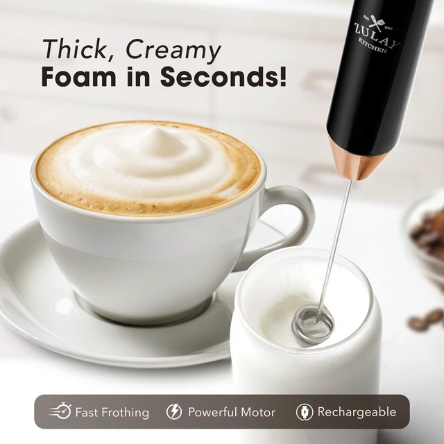 Alt view image 2 of 7 - Zulay Kitchen Rechargeable Milk Frother Handheld - Frother Wand, Drink Mixer, Electric Whisk Frother, for Cappuccinos, Matcha & Protein Powder - Lux 4 Whisk 2 Speed Waterproof 2000mAh Black Copper