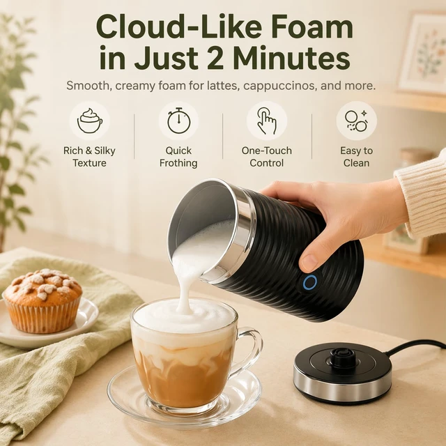 Alt view image 3 of 7 - Milk frothing machineAutomatic milk frotherElectric for Hot & Cold Froth, Froth Or Heat MilkMultifunctional milk frotherAutomatic off & Easy Cleaning, Silent Operation (black)