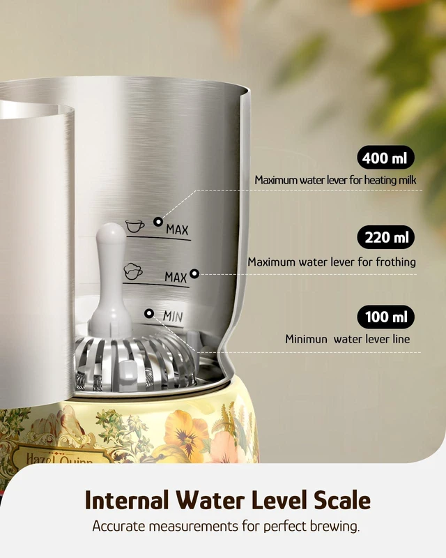 Alt view image 7 of 7 - Hazel Quinn Milk Frother - Milk Steamer with Adjustable Temperature & Foam Thickness, Dishwasher Safe, Detachable Base, for Latte/Cappuccino/Hot Chocolate, Cold Foam, 400ML (13.5OZ) - Floral Printed