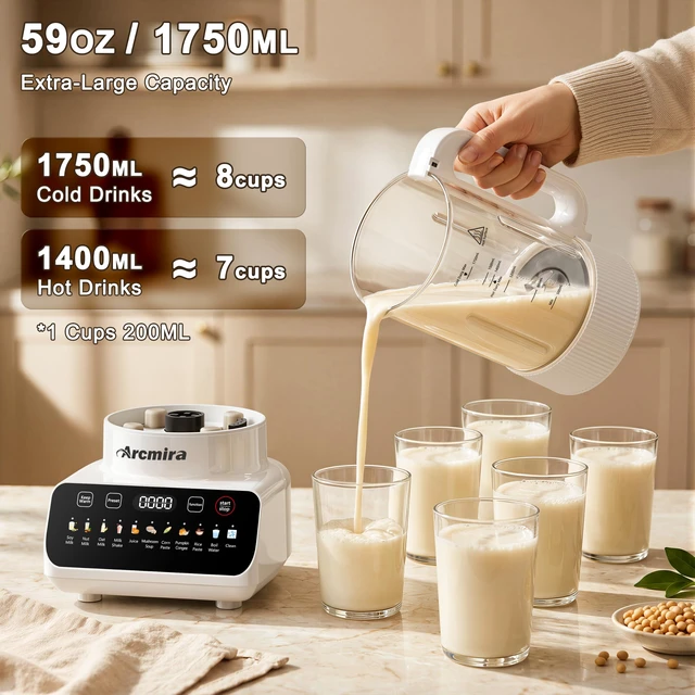 Alt view image 2 of 7 - Arcmira Nut Milk Maker with Detachable Design, 13-in-1 Automatic, 59.18oz | No Soak, Delay Start, Keep Warm & Auto-Clean Soy Milk Maker Machine, Fresh Homemade Almond/Oat Milk, Juice, Soup, Shakes