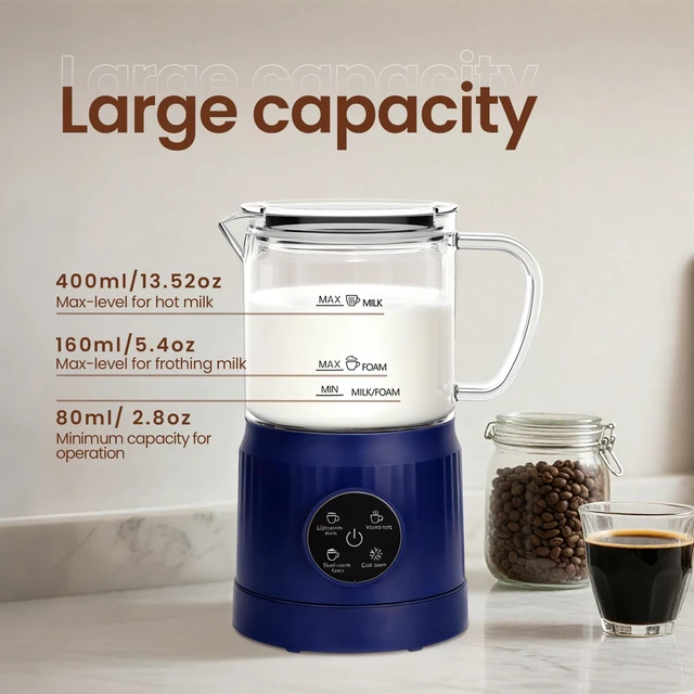 Alt view image 6 of 7 - Casimhu 4-in-1 Milk Frother, Electric Milk Frother and Steamer with LED Touch Screen, Ceramic Lining Bottom, Milk Warmer 13.52oz for Lattes, Cappuccinos, and Macchiatos at Home (Navy blue)