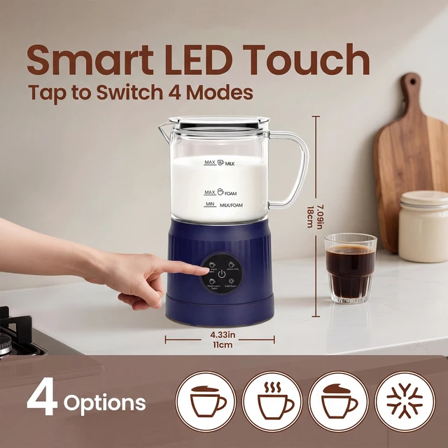 Alt view image 4 of 7 - Casimhu 4-in-1 Milk Frother, Electric Milk Frother and Steamer with LED Touch Screen, Ceramic Lining Bottom, Milk Warmer 13.52oz for Lattes, Cappuccinos, and Macchiatos at Home (Navy blue)