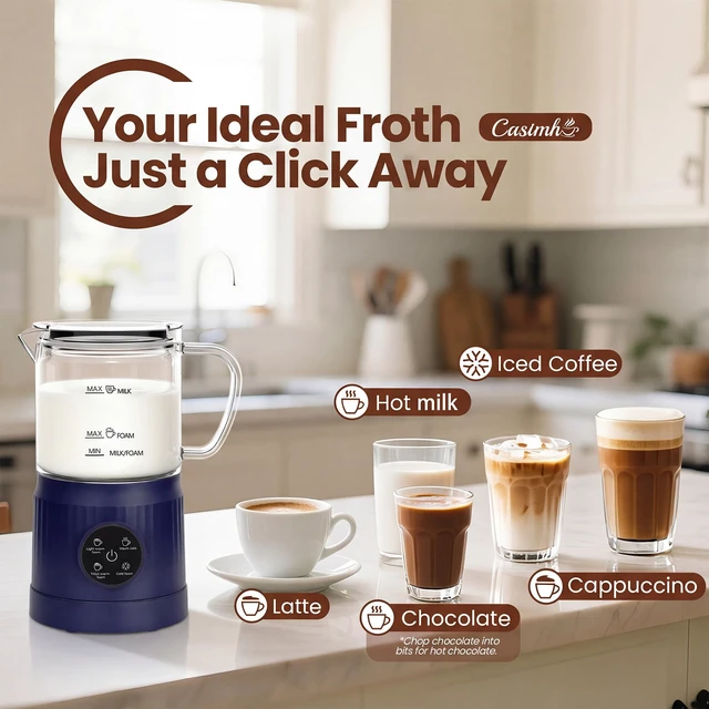 Alt view image 2 of 7 - Casimhu 4-in-1 Milk Frother, Electric Milk Frother and Steamer with LED Touch Screen, Ceramic Lining Bottom, Milk Warmer 13.52oz for Lattes, Cappuccinos, and Macchiatos at Home (Navy blue)