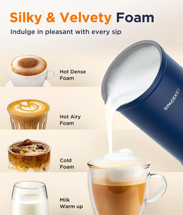 Alt view image 2 of 7 - Spacekey 4-in-1 Electric Milk Frother, Mute Mode, 10.1oz Milk Steamer | Dense Foam, Airy Foam, Cold Foam & Warm Milk, 5oz Frothing, 10.1oz Heating, Auto Shut-Off, Overheat Protection, Non-Stick