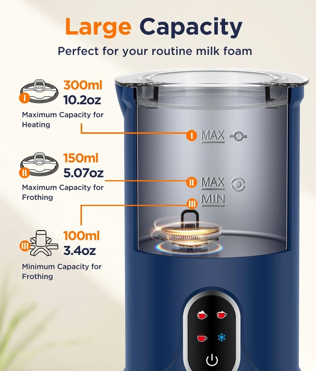 Alt view image 6 of 7 - Spacekey 4-in-1 Electric Milk Frother, Mute Mode, 10.1oz Milk Steamer | Dense Foam, Airy Foam, Cold Foam & Warm Milk, 5oz Frothing, 10.1oz Heating, Auto Shut-Off, Overheat Protection, Non-Stick