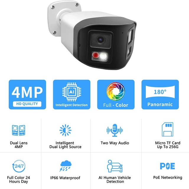 Alt view image 2 of 7 - Tennoz 4MP 180 Degree Dual Lens PoE IP Security Camera with Two Way Talk | AI Human Vehicle Detection, SD Card Slot(256GB), Full Color Night Vision, Must Work with NVRs or PoE Switch