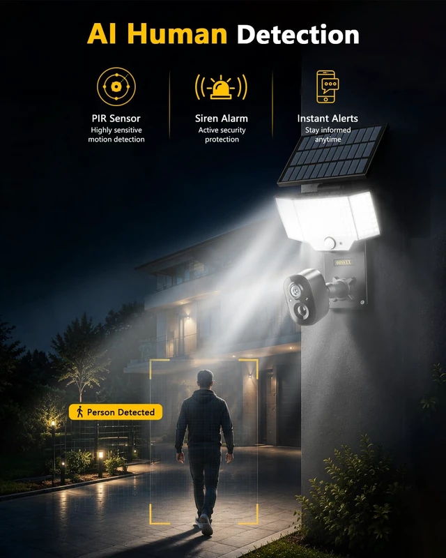 Alt view image 6 of 7 - OOSSXX Solar Floodlight Security Camera Outdoor Wireless, 4MP HD 3-in-1 | Solar Powered, Wire-Free, 5GHz/2.4GHz WiFi, AI Human Detection, Smart 3-Mode Lighting, Siren Alarm, 2-Way Audio