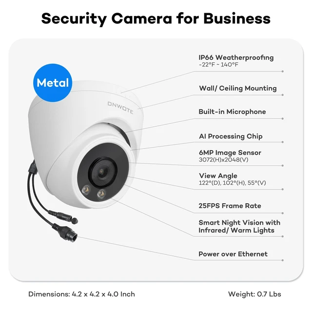 Alt view image 3 of 6 - 6MP PoE IP Security Camera, Smart Color Night, Capture Video Audio | 6 Megapixels(3072x2048), Commercial Wired 122° Camera, Home/Business, Indoor/Outdoor, AI Detection, Only Work with ONWOTE NVR