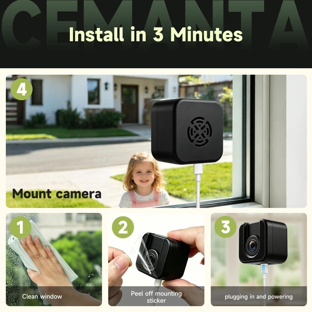 Alt view image 6 of 7 - CEMANTA 3MP Window Camera for Indoor & Outdoor Monitoring-2 Pack (Black) | Free Cloud Storage,2.4Ghz & 5Ghz, Color Starlight Night Vision, Anti-Glare, AI Motion Detection, 24/7 Recording