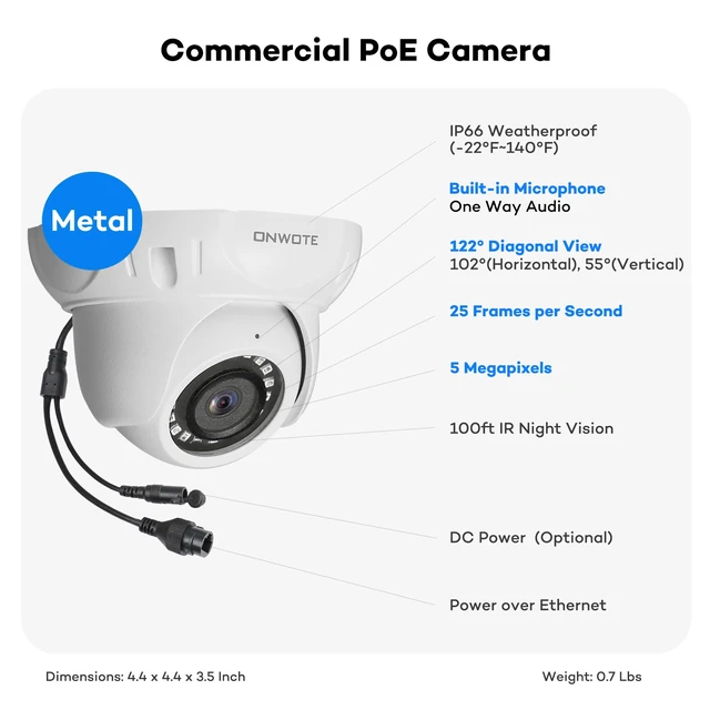 Alt view image 2 of 6 - ONWOTE 5MP 122° PoE IP Security Camera, Capture Video Audio, Dome White | IR Night, 5 Megapixels, Commercial Wired CCTV Camera, Home/Business, Indoor/Outdoor, AI Detection, Only Work with ONWOTE NVRs