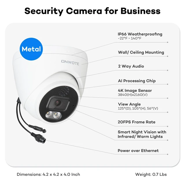 Alt view image 4 of 7 - ONWOTE 4K 8MP 2 Way Talk 125° PoE IP CCTV Camera, Smart Color Night Vision | Capture Video & Audio, Commercial Wired Camera for Home Business, Indoor/Outdoor, AI Detection, Only Work with ONWOTE NVRs