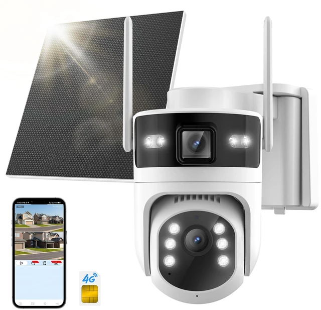 Main image of Voxblend 4G LTE Cellular Solar Security Camera Wireless Outdoor: No WiFi Dual-Lens Cámara, Pan and Tilt, 24/7 AOV Recording, 360° Live View Built-in 4G SIM Card, 2K Color Night Vision,PIR Motion