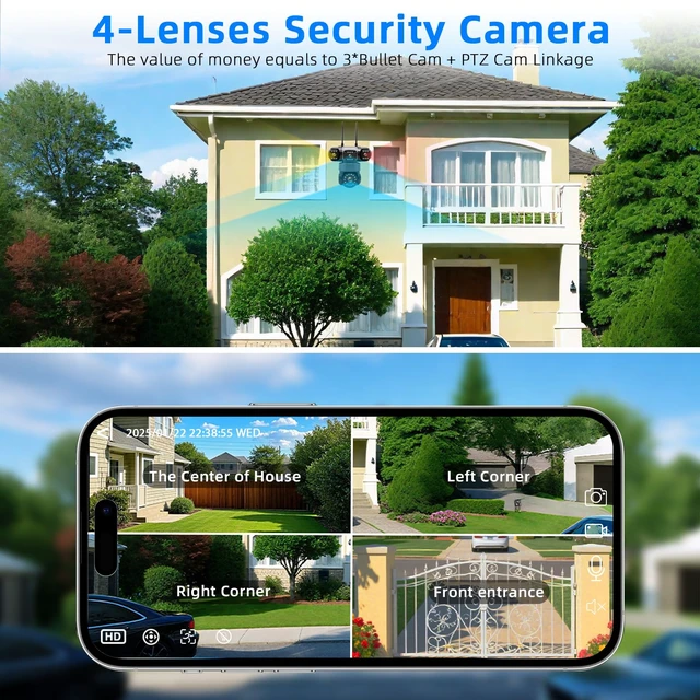 Alt view image 2 of 7 - GUDFIDELIO 4 Lens Outdoor WiFi Security Camera,Plug-in Power,No Monthly Fee | 360° Coverage of Your Yard, Garden and Garage, AI Human Detection & Auto-Tracking, Two-Way Audio, No Subscription Fee