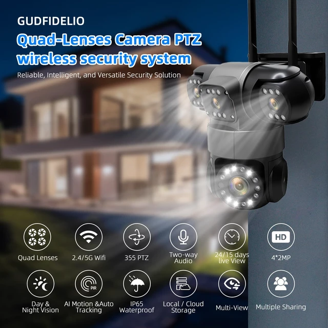 Alt view image 6 of 7 - GUDFIDELIO 4 Lens Outdoor WiFi Security Camera,Plug-in Power,No Monthly Fee | 360° Coverage of Your Yard, Garden and Garage, AI Human Detection & Auto-Tracking, Two-Way Audio, No Subscription Fee