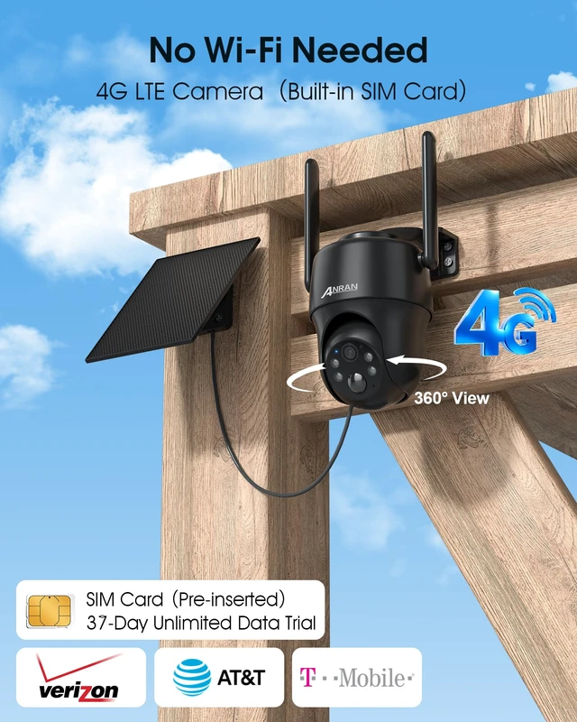 Alt view image 2 of 7 - Off-Grid 4G LTE Cellular Solar Security Camera No WiFi 360° Wireless | Built-in SIM 37 Days Trial Subscription Required Color Night Vision 2-Way Audio PIR Detection Outdoor PTZ -Farm Barn Cabin RV