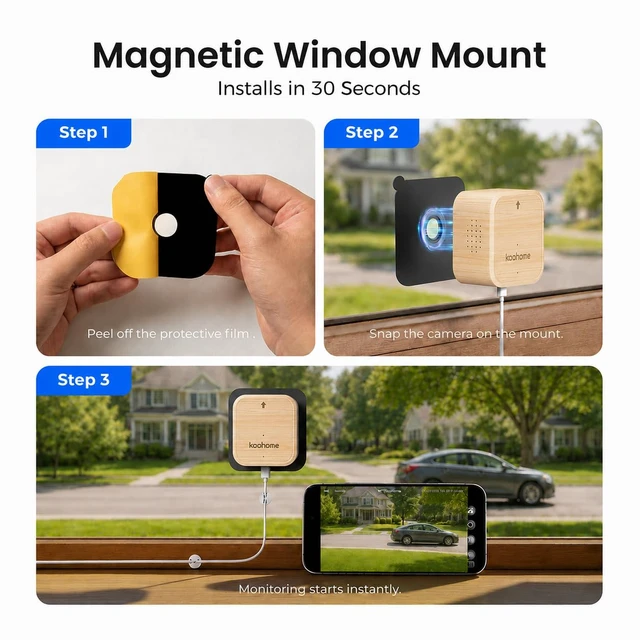 Alt view image 7 of 7 - Koohome 5MP 3K Window Security Camera for Home, No Subscription | Magnetic Mount, Full-Color Night Vision, 24/7 Recording, Free Cloud Storage, AI Person Detection, Dual-Band WiFi, Maple Wood