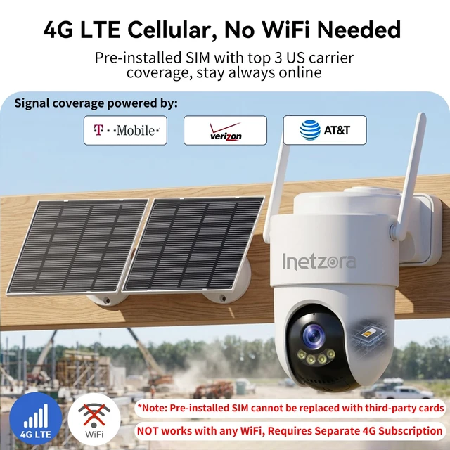 Alt view image 3 of 7 - 4G LTE Cellular AOV Solar Security Camera Outdoor: Subscription Required | No Wi-Fi Solar Powered Camera, 24/7 Recording, 3K Color Night Vision, 360° Live View, PIR Motion Sensor, Built-in SIM Card