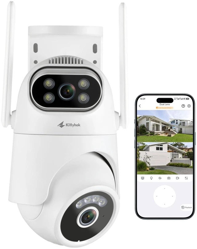 Main image of Kittyhok Home Security Camera System Wireless, Dual Lens 2K Outdoor Cameras | Add-on Cam, 2.4/5GHz WiFi, Motion Detection, Auto Tracking, 360° Pan & Tilt, Color Night Vision, 2-Way Audio, 24/7 Record