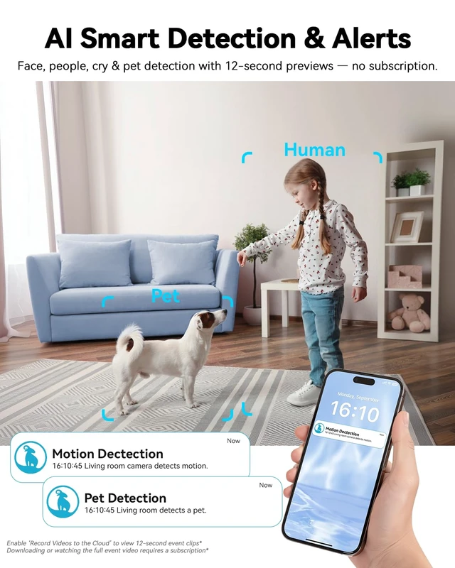 Alt view image 5 of 7 - blurams 4K Indoor Cameras for Home Security | Pet Camera with Phone App, One-Touch Call, Free Human/Pet/Motion/Sound/Cry Detection, Dual-Band WiFi 6, Compatible with Alexa