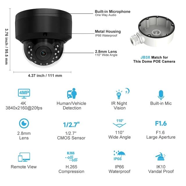 Alt view image 5 of 7 - UNILOOK 4K 8MP PoE IP Dome Camera, IP Security Camera Outdoor Indoor | AI Human Vehicle Detection, 100ft Night Vision, Built-in microphone, IP66, IK10, 2.8mm Wide Angle Lens, NDAA Complaint