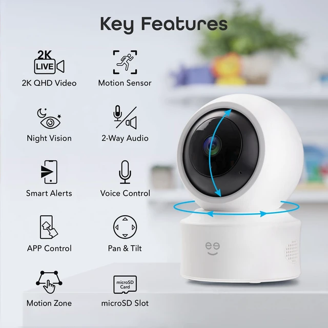 Alt view image 2 of 7 - Geeni Scope Ultra 2K 360° Smart Indoor Camera, Auto-Tracking, 1440p HD | 360-degree auto-tracking motion detection, dual band Wi-Fi, Alexa & app control, wall mountable, white