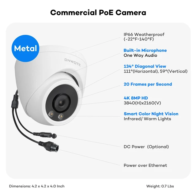 Alt view image 5 of 7 - 4K 8MP PoE IP Security Camera Smart Color Night, Capture Video Audio | 8 Megapixels(3840x2160), Commercial Wired 134° Camera, Home/Business, Indoor/Outdoor, AI Detection, Only Work with ONWOTE NVR