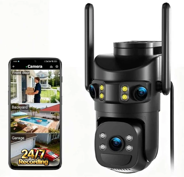 Main image of 6MP Triple Lens Security Camera Outdoor,24/7 Recording Surveillance Camera | Plug-in, 360° Pan-Tilt, Motion Siren, 2-Way Audio,Easy to Install, 2.4G WiFi, Color Night Vision for Front Door, Garage