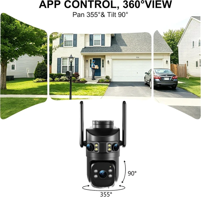 Alt view image 2 of 7 - 6MP Triple Lens Security Camera Outdoor,24/7 Recording Surveillance Camera | Plug-in, 360° Pan-Tilt, Motion Siren, 2-Way Audio,Easy to Install, 2.4G WiFi, Color Night Vision for Front Door, Garage