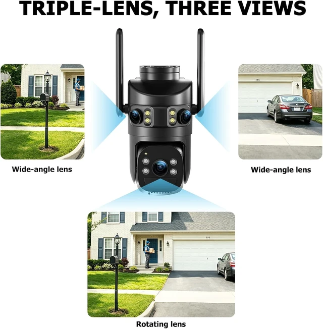 Alt view image 3 of 7 - 6MP Triple Lens Security Camera Outdoor,24/7 Recording Surveillance Camera | Plug-in, 360° Pan-Tilt, Motion Siren, 2-Way Audio,Easy to Install, 2.4G WiFi, Color Night Vision for Front Door, Garage