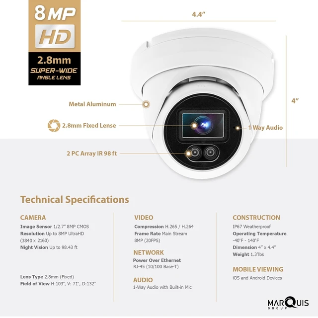 Alt view image 3 of 6 - Marquis 8MP PoE IP Turret Dome Camera with Microphone/Audio, IP Security Camera Outdoor Rated, 98ft IR Night Vision, Waterproof IP66, 108° Wide Angle 2.8mm Lens