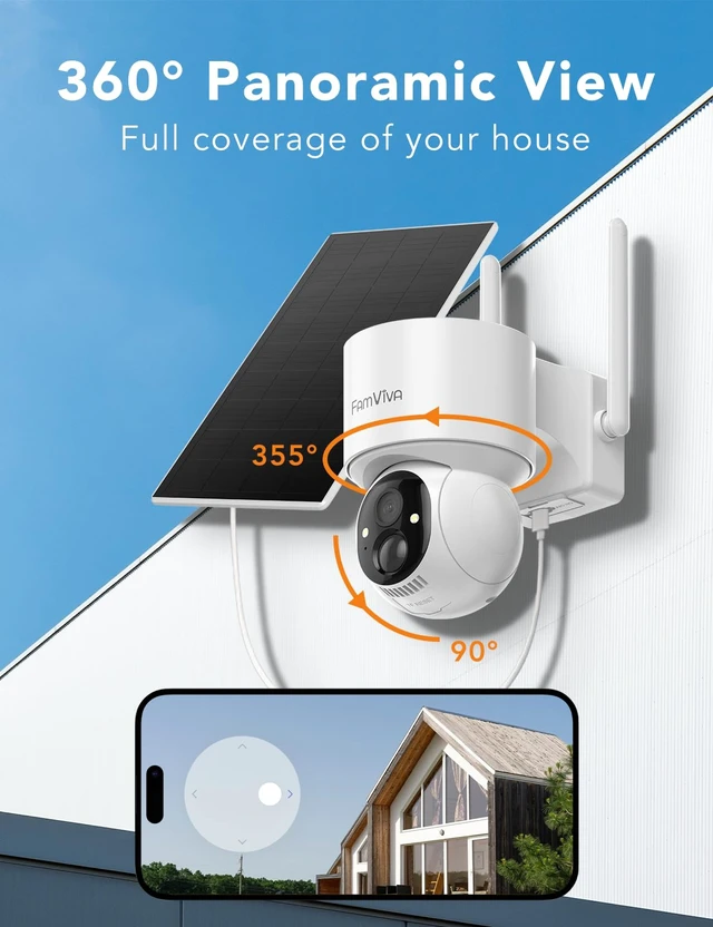 Alt view image 2 of 7 - FAMVIVA 2K Solar Security Cameras Wireless Outdoor, 360°PTZ Battery Powered Cameras for Home Security, 2.4G WiFi Outdoor Camera with Color Night Vision, IP66 Waterproof, Motion Sensor Alarm, White-4P