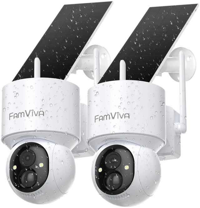 Main image of FAMVIVA 2K Solar Security Cameras Wireless Outdoor, 360°PTZ Battery Powered Cameras for Home Security, 2.4G WiFi Outdoor Camera with Color Night Vision, IP66 Waterproof, Motion Sensor Alarm, White-4P