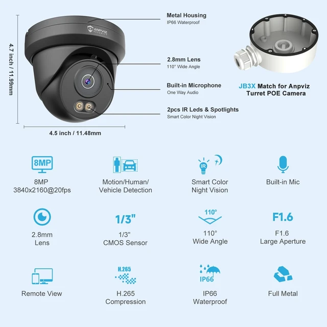 Alt view image 4 of 7 - Anpviz 4K 8MP PoE Security IP Camera Outdoor Wired Black | AI Human Vehicle Detection, 100FT Smart Dual Light Color Night Vision, Built-in Mic, NDAA, IPC-D3B83B-S (U Series)