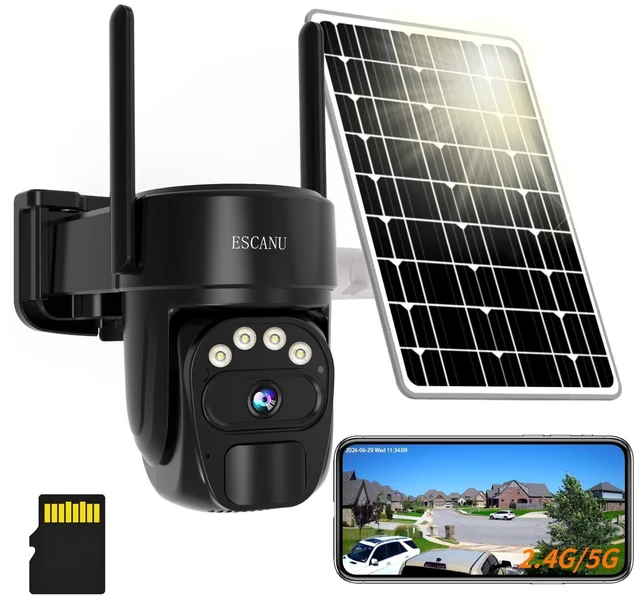 Main image of ESCANU Security Cameras Wirelss Outdoor Solar Powered for Home Security,360 View Outside Camera with SD Card, 5G/2.4GHz WiFi,Motion Detection,IP-65 Weather Proof,No Subscription Fee