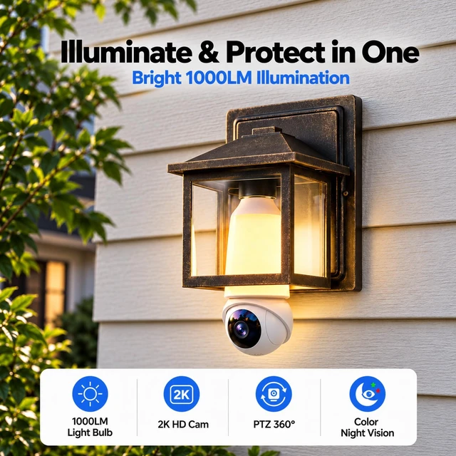Alt view image 3 of 7 - Light Bulb Security Cameras Outdoor Wireless, 2K HD 360° PTZ Bulb Cam with 1000lm Porch Light, 5G&2.4G WiFi Lightbulb Cameras for Home Security with Color Night Vision, Motion Detection, 2-Way Talk